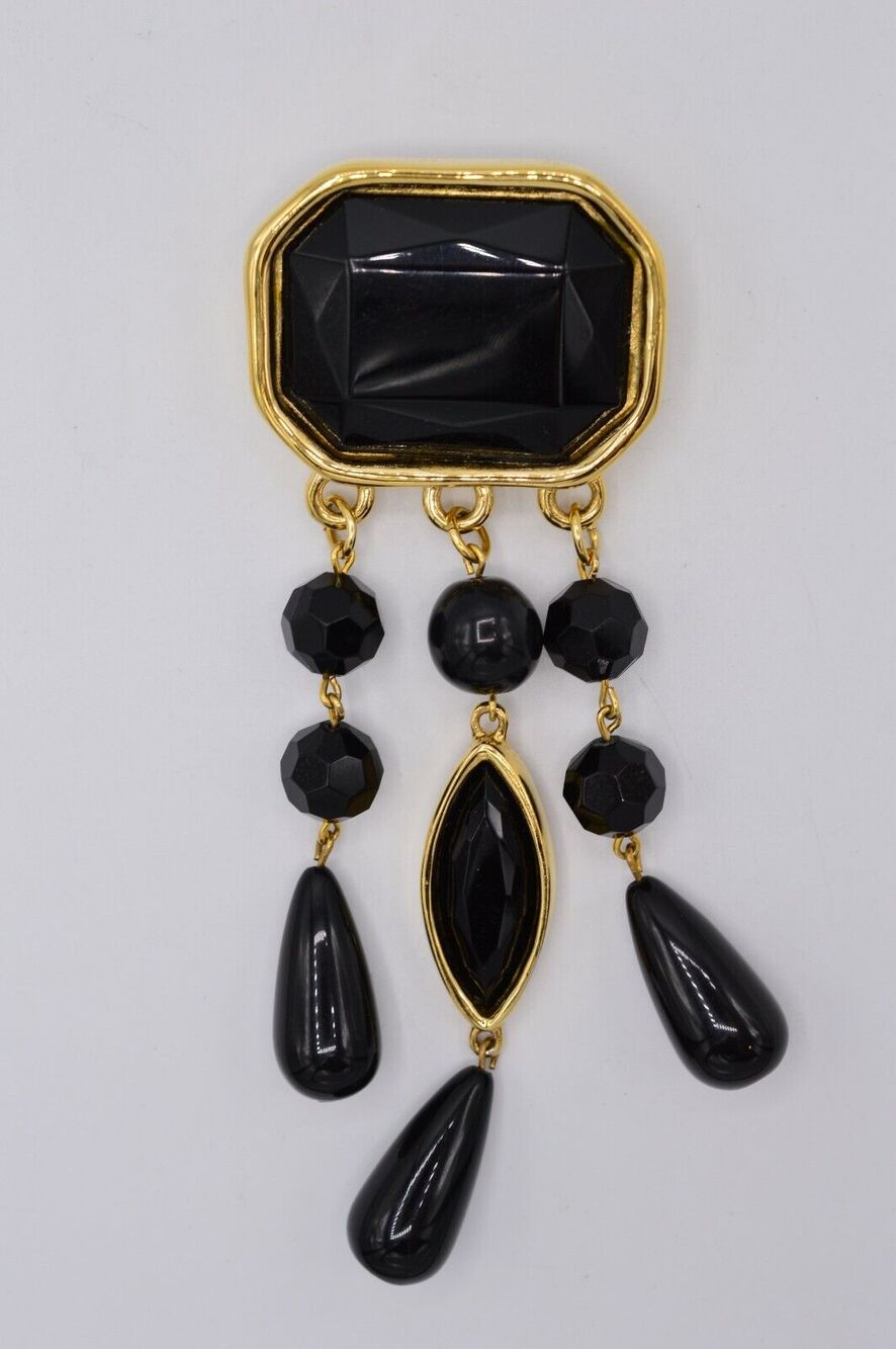Givenchy Vintage 5" Crystal Pin Brooch Gold Black Chunky Heavy Signed 80s BinAC